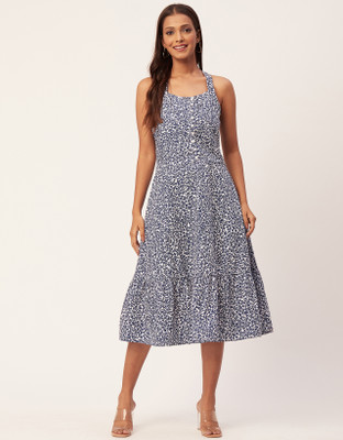 moomaya Women Fit and Flare Blue Midi/Calf Length Dress