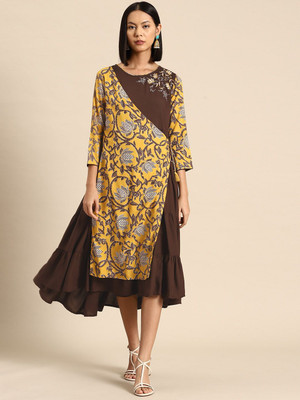 all about you Women Wrap Yellow Midi/Calf Length Dress
