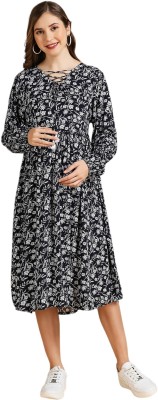 MomToBe Women Fit and Flare Black, Grey Dress