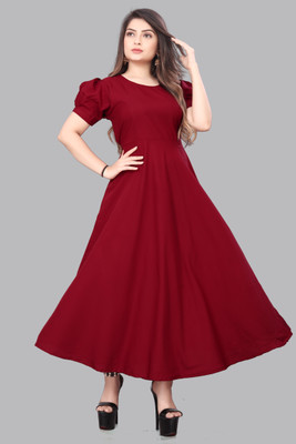 BENIXA TEXTILE Women Fit and Flare Maroon Maxi/Full Length Dress