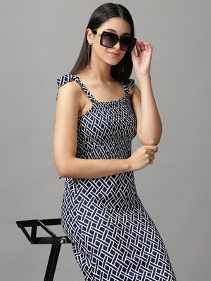 SHOWOFFFF Women Fit and Flare Dark Blue Midi/Calf Length Dress