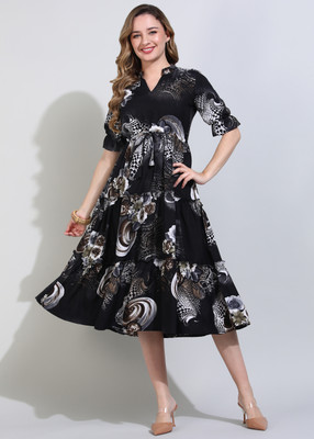 JustHer Women Fit and Flare Black, Brown Midi/Calf Length Dress