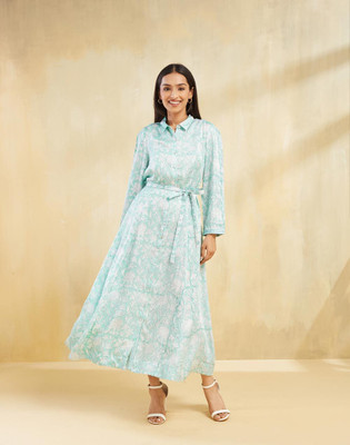 Fabindia Women Shirt Light Blue Maxi/Full Length Dress