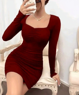 JMDEnterprises Women Bodycon Maroon Above Knee/Mid Thigh Length Dress