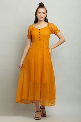 Shyammc Women Fit and Flare Yellow Midi/Calf Length Dress