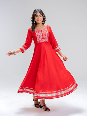NISHA KURTI Women A-line Red Midi/Calf Length Dress