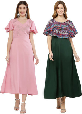 Asad Fashion Women A-line Green, Pink Ankle Length Dress