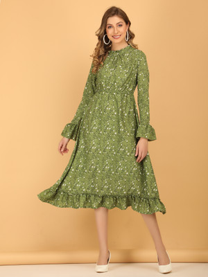 vechii Women Fit and Flare Green, Black, White Midi/Calf Length Dress