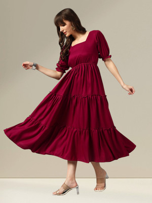 Jash Creation Women Fit and Flare Maroon Midi/Calf Length Dress