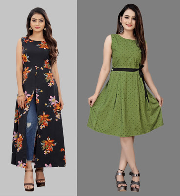 Hiral Creation Women Fit and Flare Orange Knee Length Dress