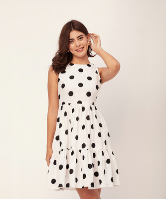 moomaya Women Fit and Flare Black, White Above Knee/Mid Thigh Length Dress