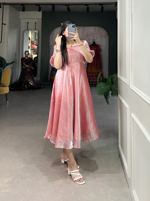 LookNbook art Women Fit and Flare Pink Midi/Calf Length Dress
