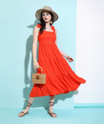 Tokyo Talkies Women A-line Orange Midi/Calf Length Dress