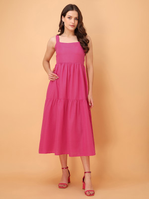 PURVAJA Women Ruffled Pink Midi/Calf Length Dress
