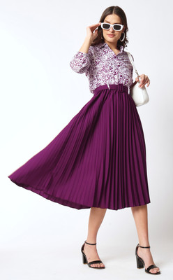 ZWERLON Women Fit and Flare Purple, White Midi/Calf Length Dress