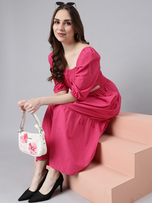 SHOWOFFFF Women Fit and Flare Pink Midi/Calf Length Dress