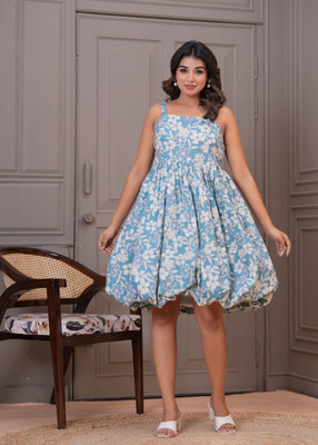 AKSHUNA Women Balloon/Bubble Light Blue Mini/Short Dress