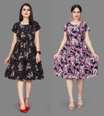 Madhave Women Fit and Flare Black Below Knee Dress