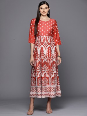 Indo Era Women A-line Orange, Silver Dress