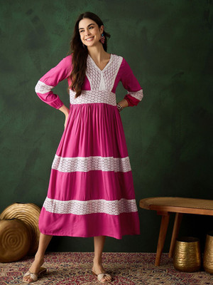 Sangria Women Fit and Flare Pink Maxi/Full Length Dress