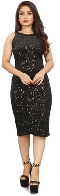 HouseOfCommon Women Bodycon Black Below Knee Dress