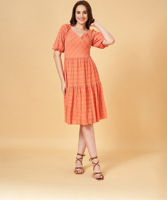 Honey By Pantaloons Women A-line Orange, White Midi/Calf Length Dress