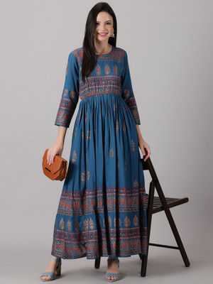 PURSHOTTAM WALA Women Fit and Flare Dark Blue Maxi/Full Length Dress