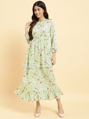 Neesh Women A-line Light Green, White, Red Maxi/Full Length Dress
