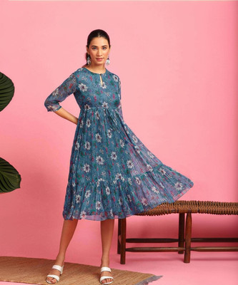 Janasya Women Fit and Flare Blue Midi/Calf Length Dress