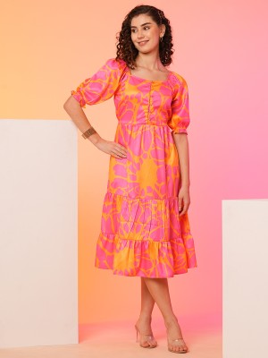 Globus Women Fit and Flare Orange, Pink Dress
