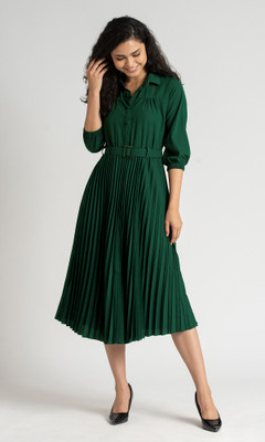 AASK Women Pleated Green Midi/Calf Length Dress