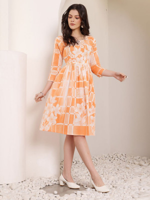 Dressberry Women Fit and Flare Orange, White Knee Length Dress