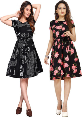 Rinra Women Fit and Flare Black Knee Length Dress