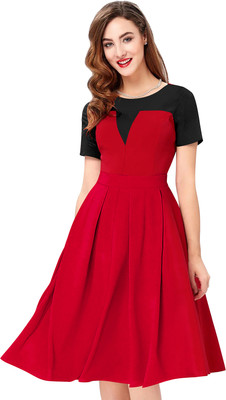 HEER FASHION Women Fit and Flare Red Knee Length Dress