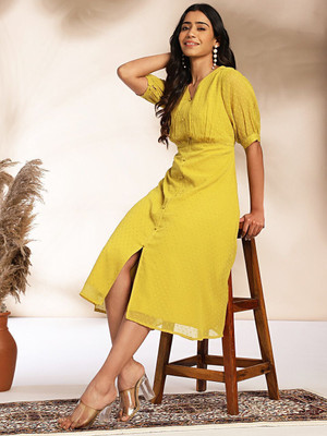Janasya Women A-line Yellow Below Knee Dress