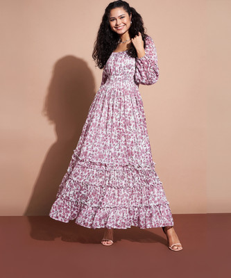 Deewa Women Fit and Flare Purple, White Maxi/Full Length Dress