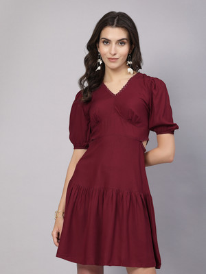 AAYU Women A-line Maroon Above Knee/Mid Thigh Length Dress