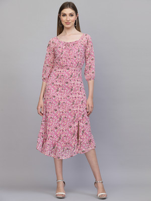 AAYU Women Fit and Flare Pink Midi/Calf Length Dress