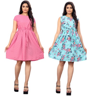 SARVOPAREE CREATION Women Fit and Flare Pink, Blue Dress