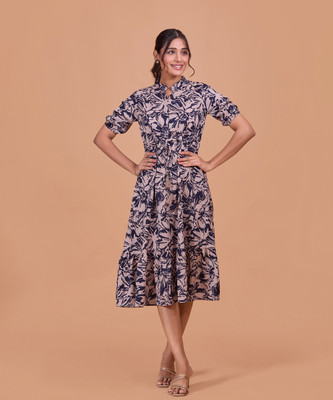 FashFun Women Fit and Flare Blue Midi/Calf Length Dress