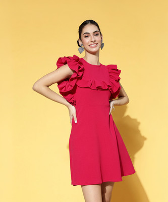 ATHENA Women Fit and Flare Red Above Knee/Mid Thigh Length Dress