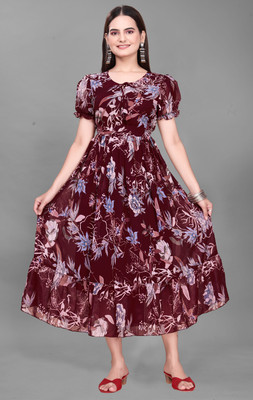 Parth Creation Women Fit and Flare Maroon Maxi/Full Length Dress