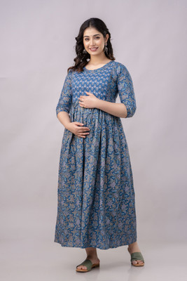 AAVRITTIQUEENS Women Fit and Flare Dark Blue Midi/Calf Length Dress