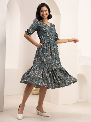 AASK Women Fit and Flare Multicolor Midi/Calf Length Dress