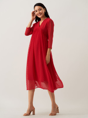 AASK Women Fit and Flare Red Midi/Calf Length Dress