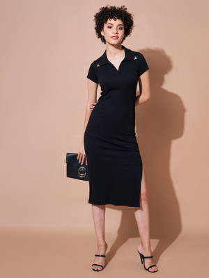 SASSAFRAS Women Bodycon Black Midi/Calf Length Dress