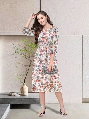 Toochki Women Fit and Flare Multicolor Midi/Calf Length Dress