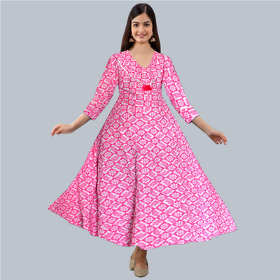 Parth Fashion Women Fit and Flare Pink, Beige Maxi/Full Length Dress