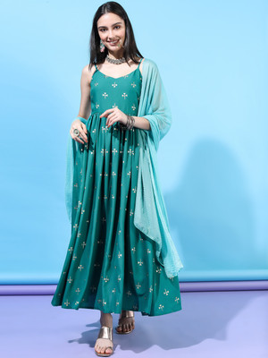 Vishudh Women A-line Green Midi/Calf Length Dress