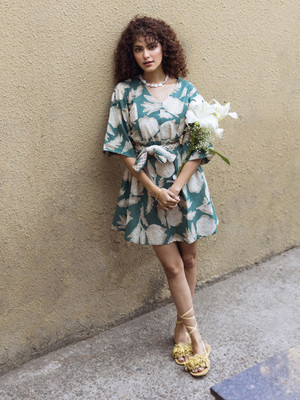 Aravalii ecommerce Women Fit and Flare Green, Beige Mini/Short Dress